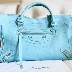 SOLD! Balenciaga City Classic Stud Metallic Edge Medium bag in light blue.